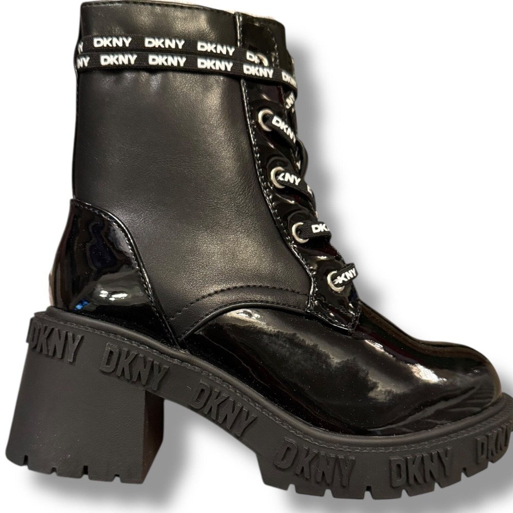DKNY Hayley Black Ankle Boots Block Heel Combat Lace Up Side Zip girls Sz 11 NEW